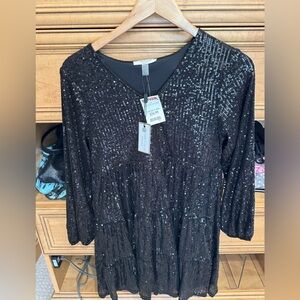 Sequin Tiered V-Neck Women’s dress- cable & gauge- size s - Black